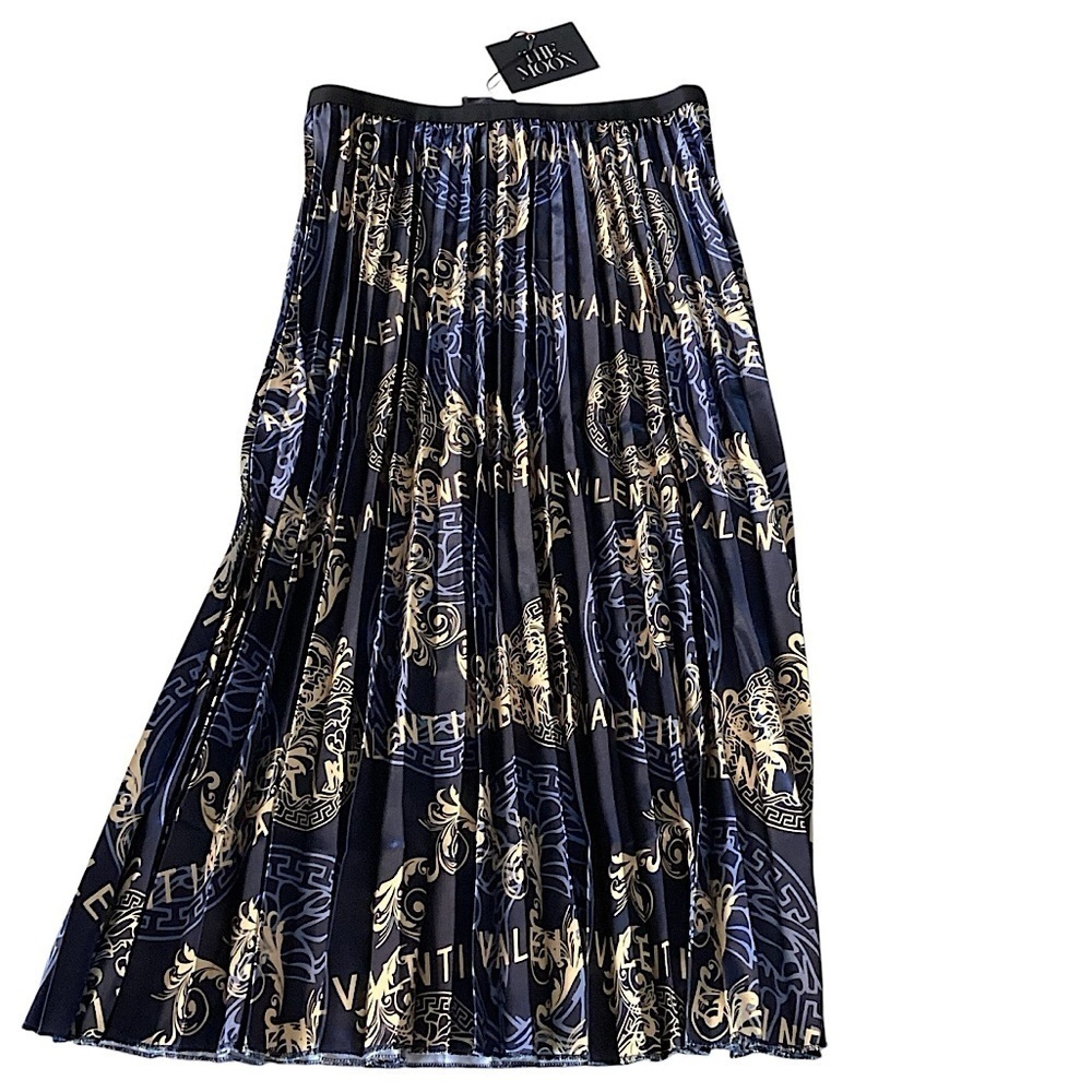 The Moon Satin Navy & Gold Pleated Skirt Stretch Waist New with Tags Size Large